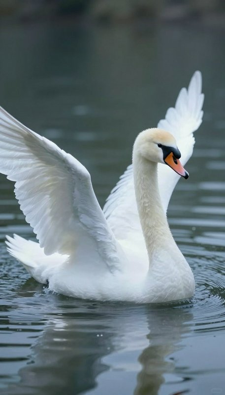 White swan with wings spread on calm lake water