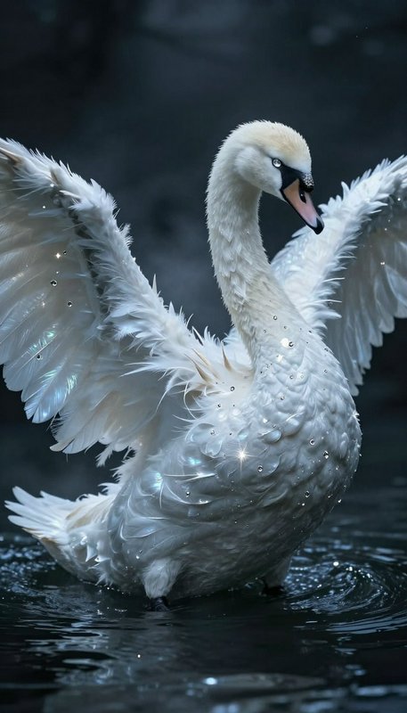 Graceful white swan with wings spread on dark water