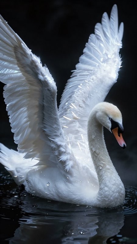 Elegant white swan with wings raised on dark water
