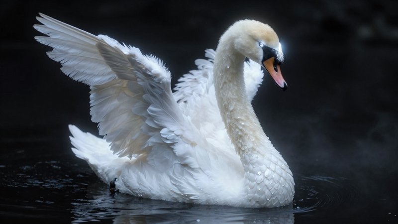 Graceful white swan spreading its wings on dark water with droplets