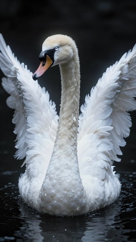 White swan with wings raised on dark water, close-up of head and neck
