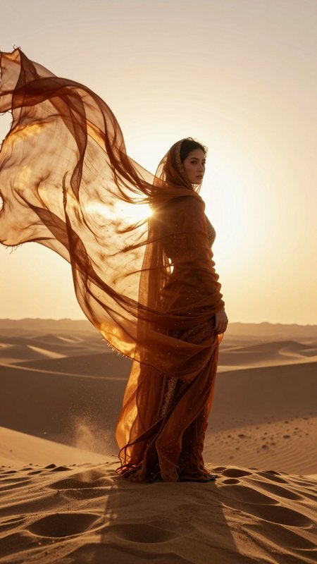 Woman in an orange flowing scarf standing in desert dunes at sunset with scarf billowing behind her