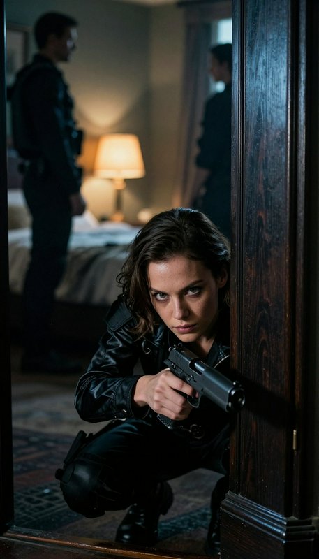 Female action heroine crouching by a doorway, aiming a pistol in a dimly lit room.