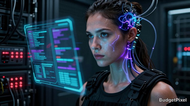 Woman in a futuristic server room with neural interface cables and a holographic code display