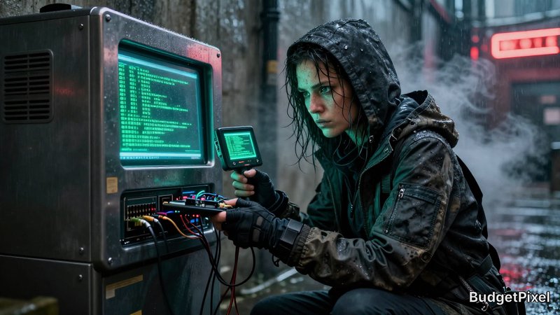 Hacker in a hooded jacket crouches beside a vintage terminal with glowing green code in a rainy urban alley.