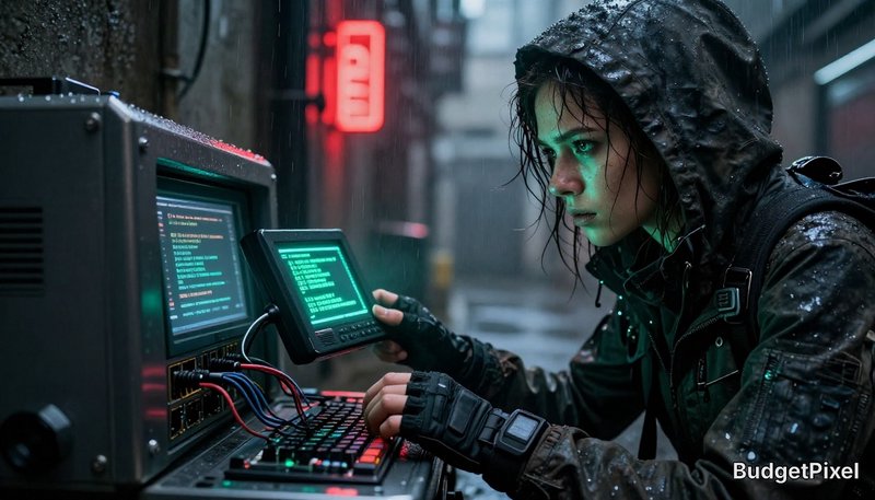 Hacker in a rain-soaked hood operates vintage computer equipment with neon green screen.