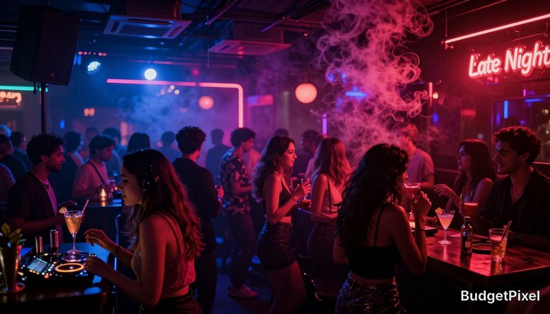 Busy neon-lit nightclub with people dancing, socializing, and smoky ambience.