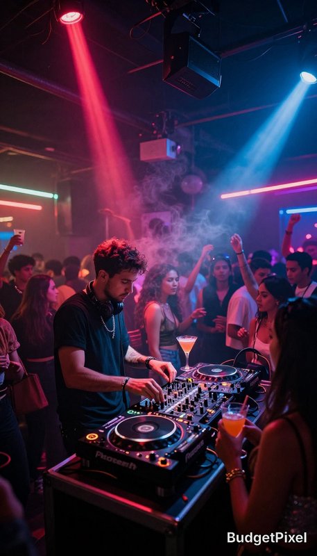 DJ performing at a crowded nightclub with colorful red and blue lights.