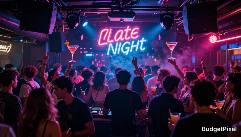 Crowded nightclub with neon "Late Night" sign and guests holding colorful cocktails.