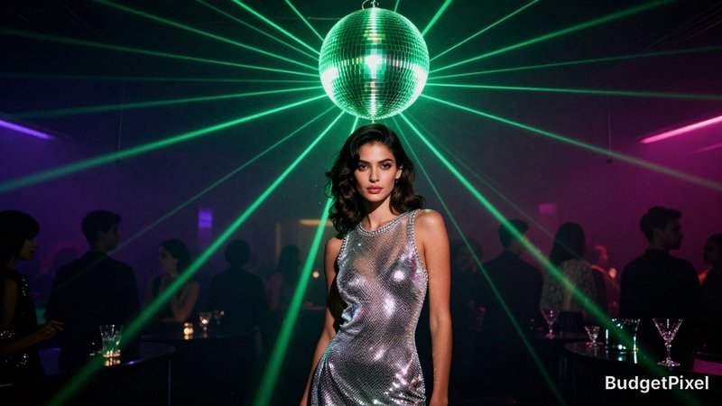 Woman in a metallic silver dress poses in a nightclub with a disco ball and green laser lights.