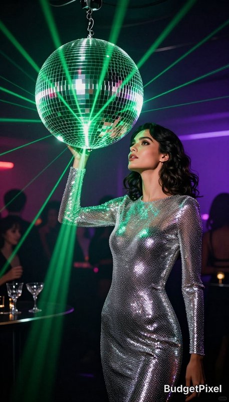 Woman in a silver sequined dress holds a disco ball with green laser lights in a nightclub.