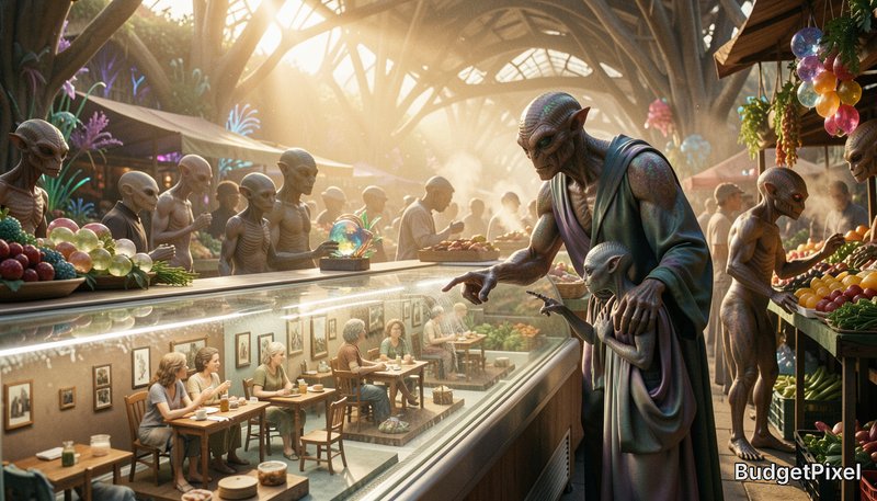 Alien diners in a futuristic market cafe, gathered around a glass food counter with colorful produce.
