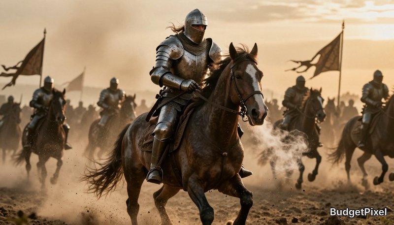 Knight in shining armor on horseback leading a charge in a dusty medieval battle scene