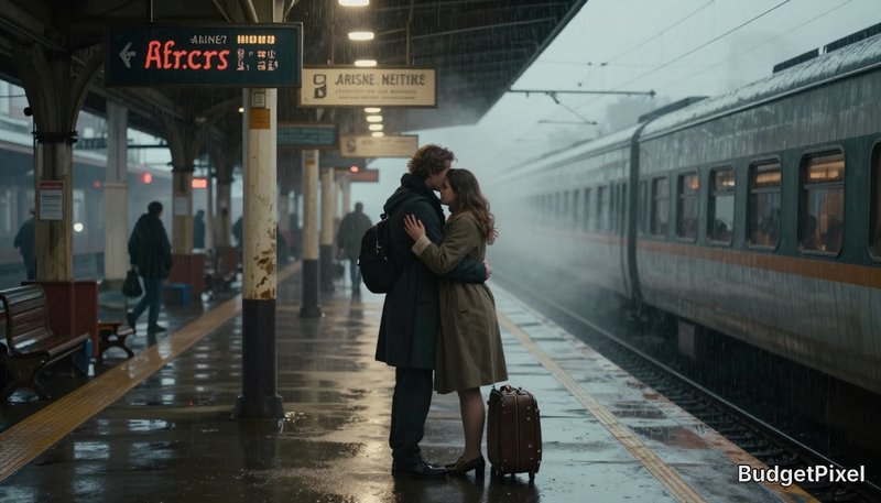 Couple kissing on a rainy train platform with luggage beside a stationary train.