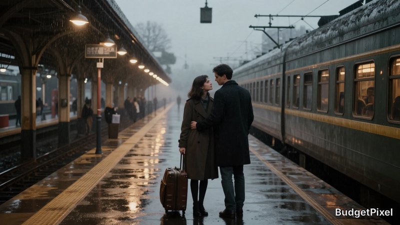 Romantic couple embraces on a rainy train platform with a suitcase beside a parked train.