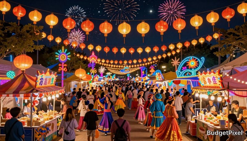 Night festival street market with orange lanterns, colorful costumes, food stalls, and fireworks.