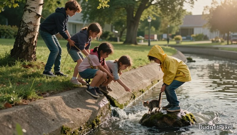 Group of kids by a canal feeding a small cat on a rock during golden hour