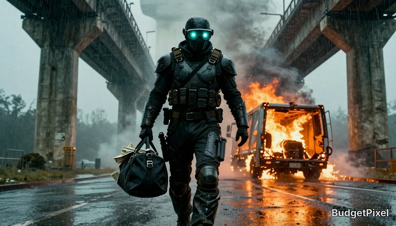 Tactical operator in black armor with glowing green eyes walking away from a blazing truck under a bridge in the rain.