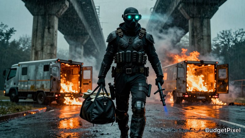 Armored futuristic soldier with glowing goggles walks through rain, carrying a bag, as two vans burn behind under a