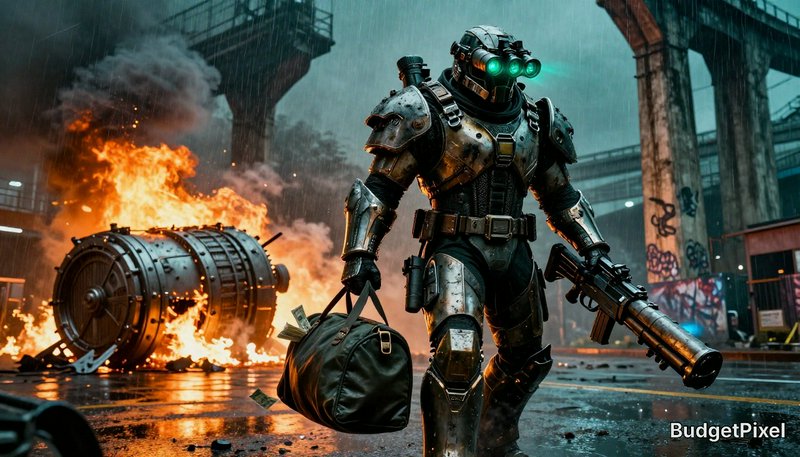 Armored robot in a heavy battle suit walks through a rain-soaked industrial area, carrying a bag as explosions burn behind.