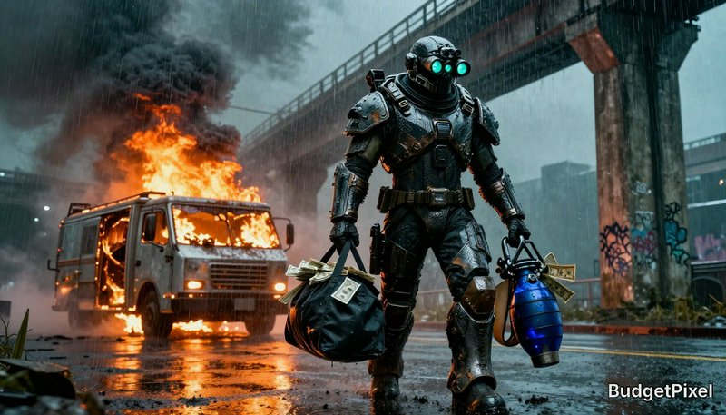 Armored futuristic warrior with night-vision goggles carries bags through a rainy urban street as a van burns nearby.