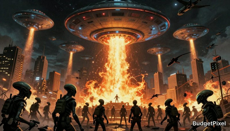 Fiery alien invasion scene with massive saucers blasting a fiery beam over a burning city as soldiers confront the threat