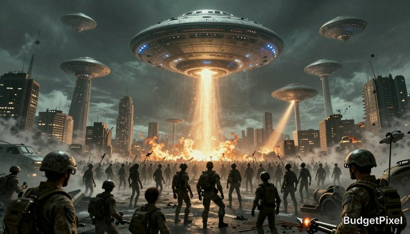 Futuristic city under alien invasion with a massive UFO beam piercing the sky and soldiers in the foreground.