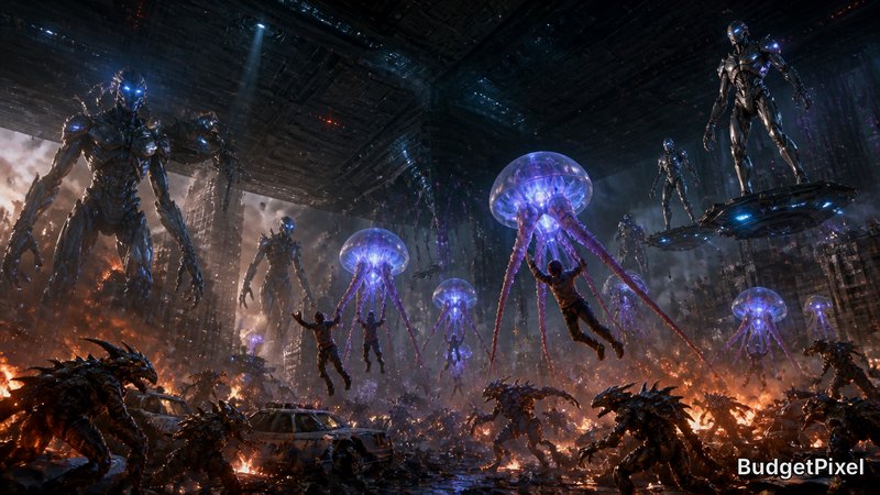 Epic sci-fi invasion scene with glowing blue jellyfish-like aliens lifting people amid a burning city
