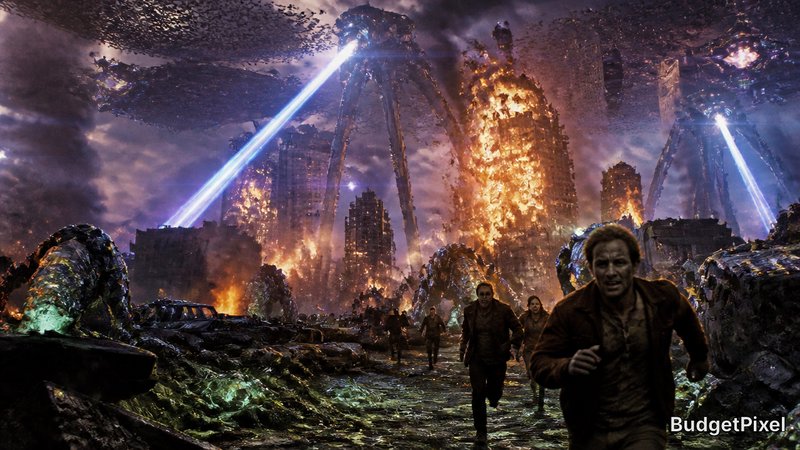 People run through a burning, ruined city with bright laser beams and towering fiery skyscrapers.