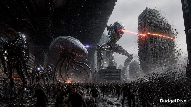Futuristic city under siege by towering chrome aliens and a giant tentacled monster.