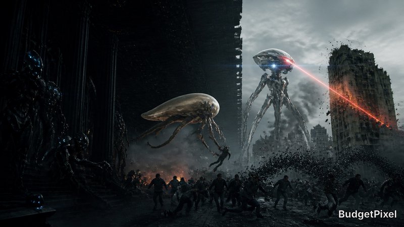 Dramatic sci-fi battle scene with towering alien tripods firing red lasers in a ruined city.