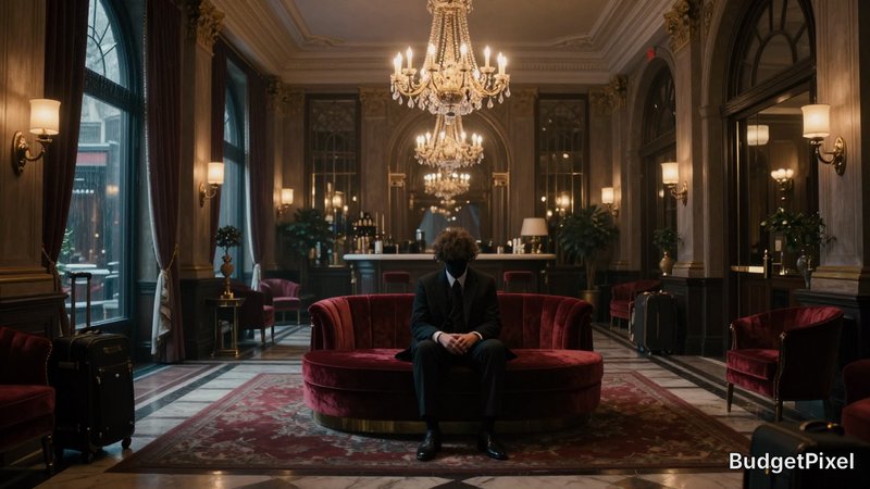 Man in a suit sits on a red velvet sofa in an ornate hotel lobby with chandeliers.