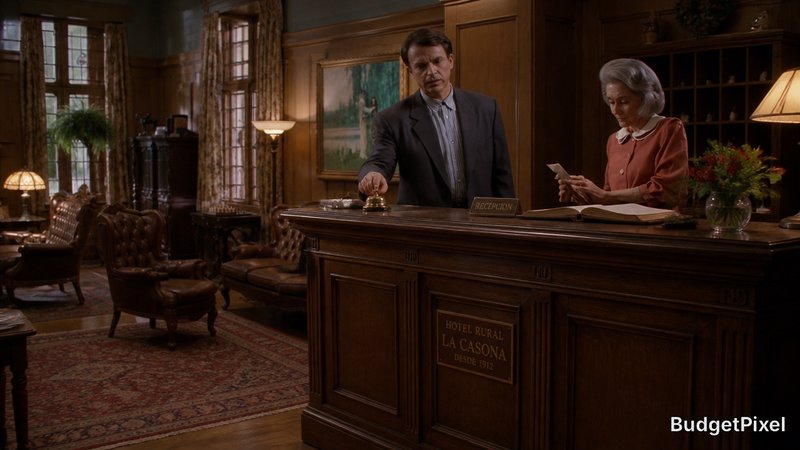 Man at a hotel's wooden front desk with a receptionist in a vintage lobby.
