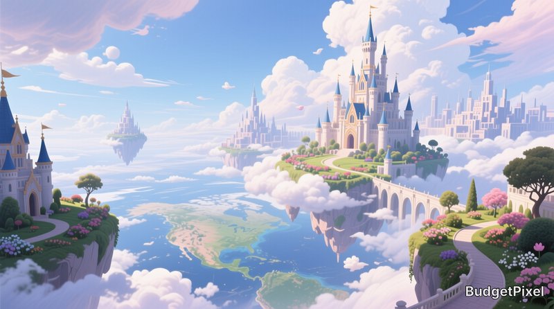 Fantasy floating castle on a cloud-filled cliff with gardens and bridges.
