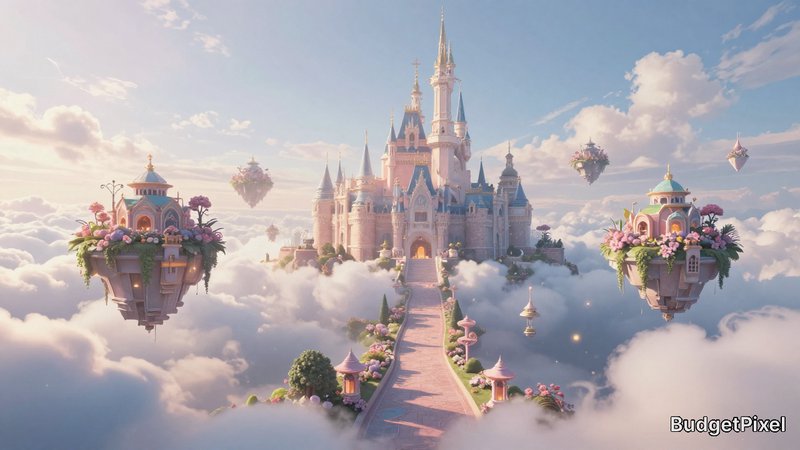 Floating fairy-tale castle in the clouds connected by a stone bridge with floating islands.
