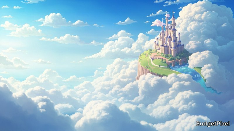 Floating island with a majestic castle perched among fluffy, sunlit clouds.
