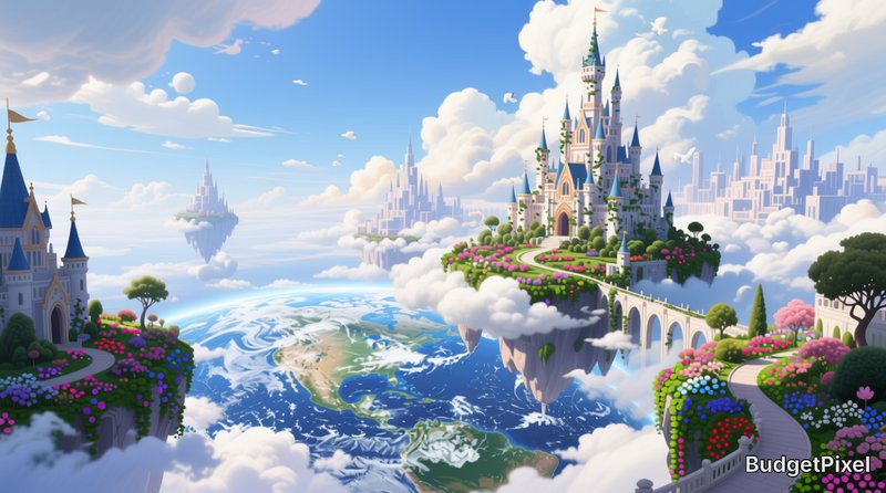 Floating island with a fairy-tale castle above fluffy clouds, connected by bridges, overlooking Earth below.