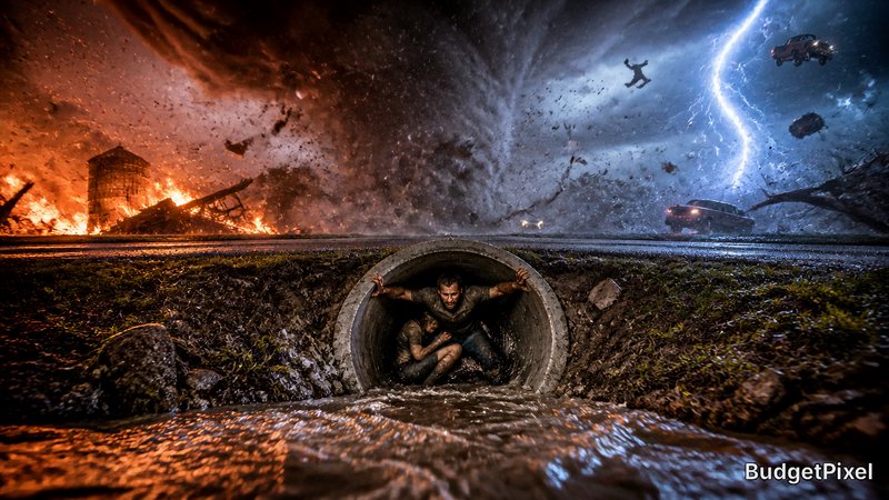 Two people crouch inside a sewer tunnel as fire, lightning, and chaos erupt above.