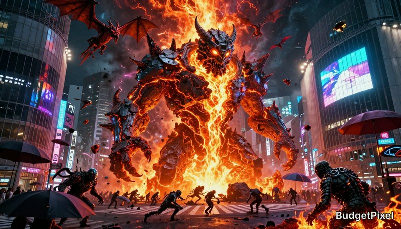 Massive lava-filled demon towers over a neon-lit city street, flames erupting as humans battle it.