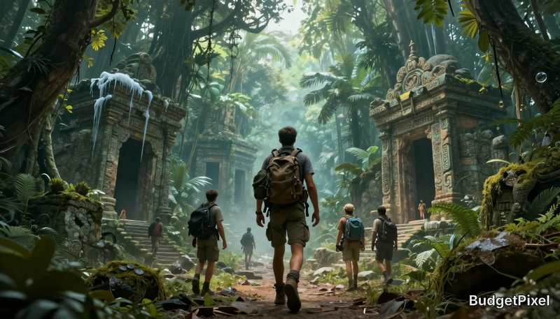 Group of adventurers walking through a lush jungle temple ruin with mossy stone arches.