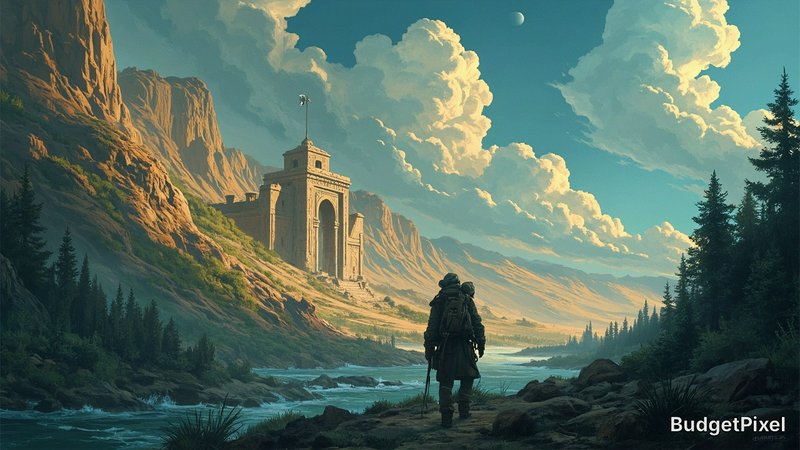 A lone traveler with backpack stands on a rocky riverbank facing a grand stone arch gateway in a canyon.