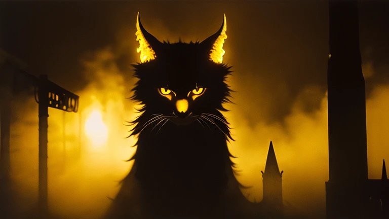 Silhouetted horned cat with glowing eyes in a smoke-filled, orange-lit scene.