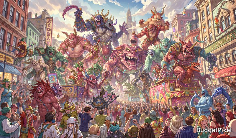 Colorful city parade scene with giant monsters battling atop floats.