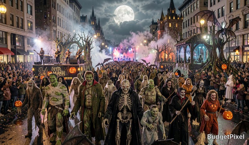 Halloween street parade with zombies, pumpkins, and a full moon over a cityscape.