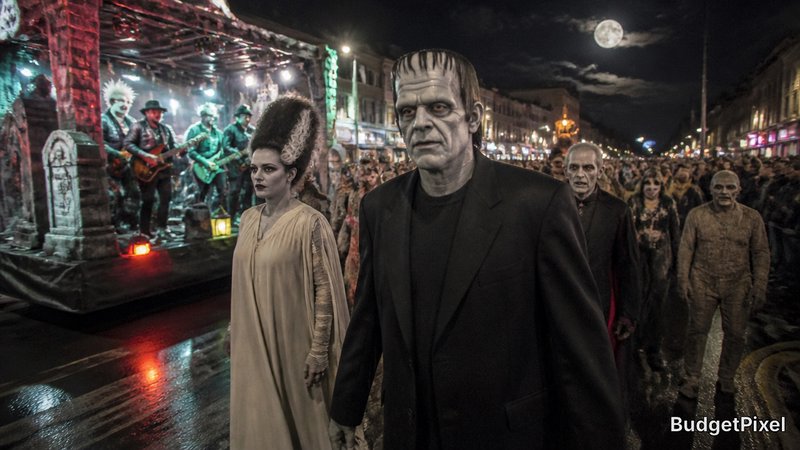 Frankenstein-like man leads a zombie parade at night with a gothic crowd and a live band on stage.