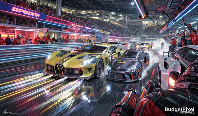 High-speed race cars on a neon-lit pit lane, light trails and cheering crews during a night-time endurance race.