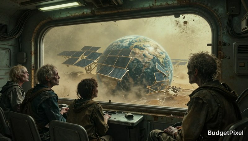 Surviving crew in a worn spacecraft observe Earth through a ruined viewing window with damaged solar panels.