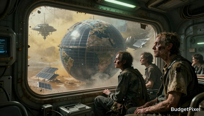 Crew inside a damaged spaceship cockpit watch a battered Earth-like globe and satellites outside a dusty, orange-hued window.