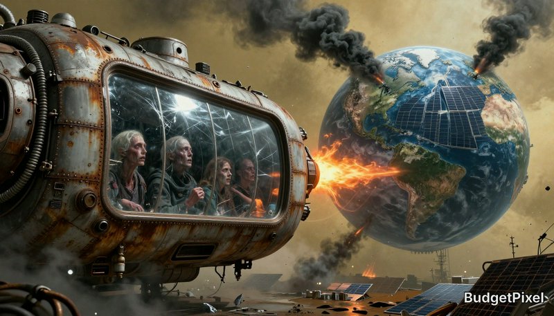 Rusty sci-fi capsule fires a blazing beam at Earth, with smoky skies and solar panels visible on the planet.