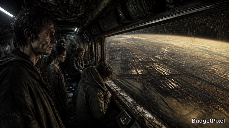 Grimy sci-fi spaceship cockpit with four rugged crew members gazing at a vast planet below.
